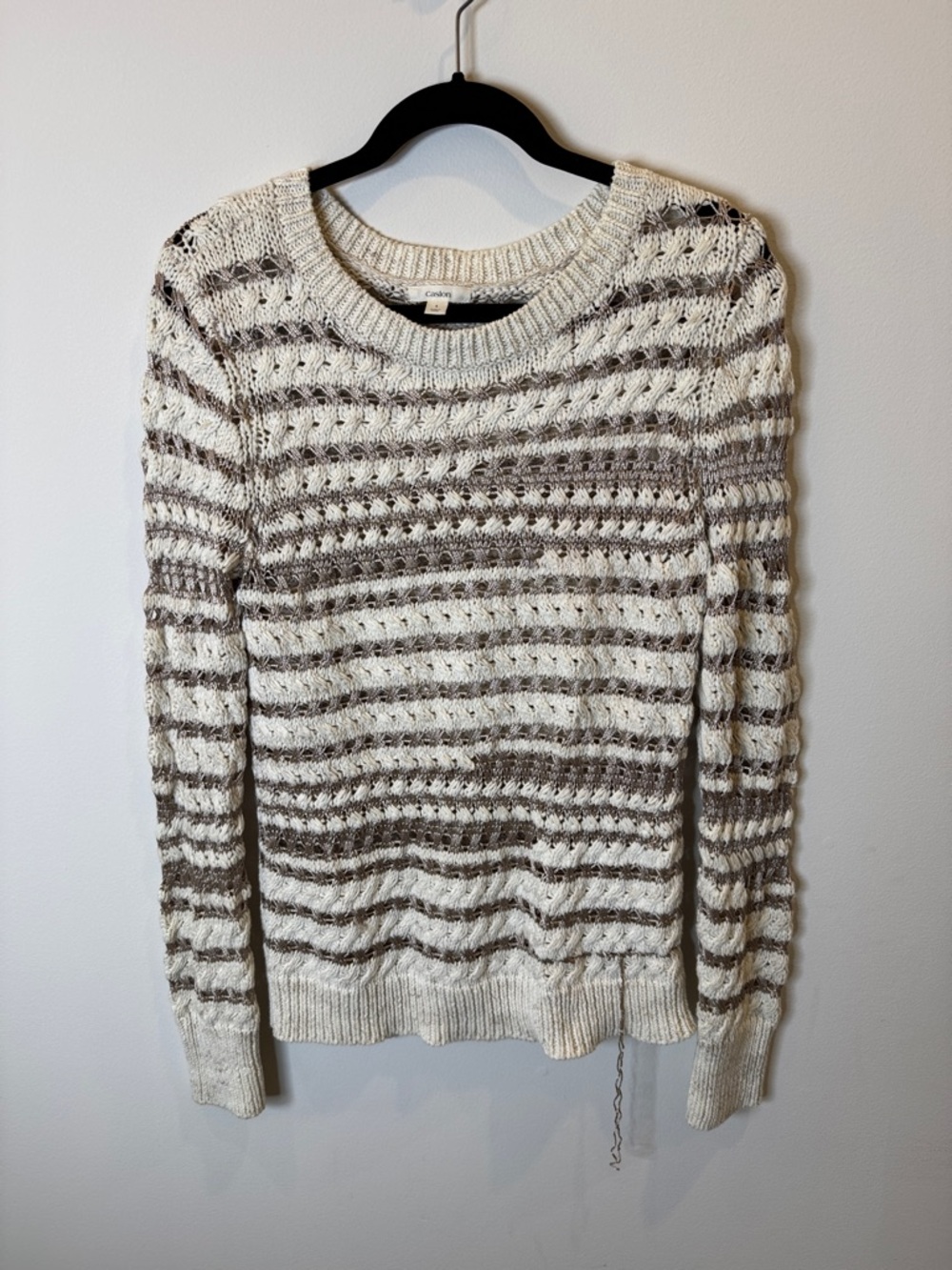 Caslon Cream Sweater with Brown Stripe Knit Detail